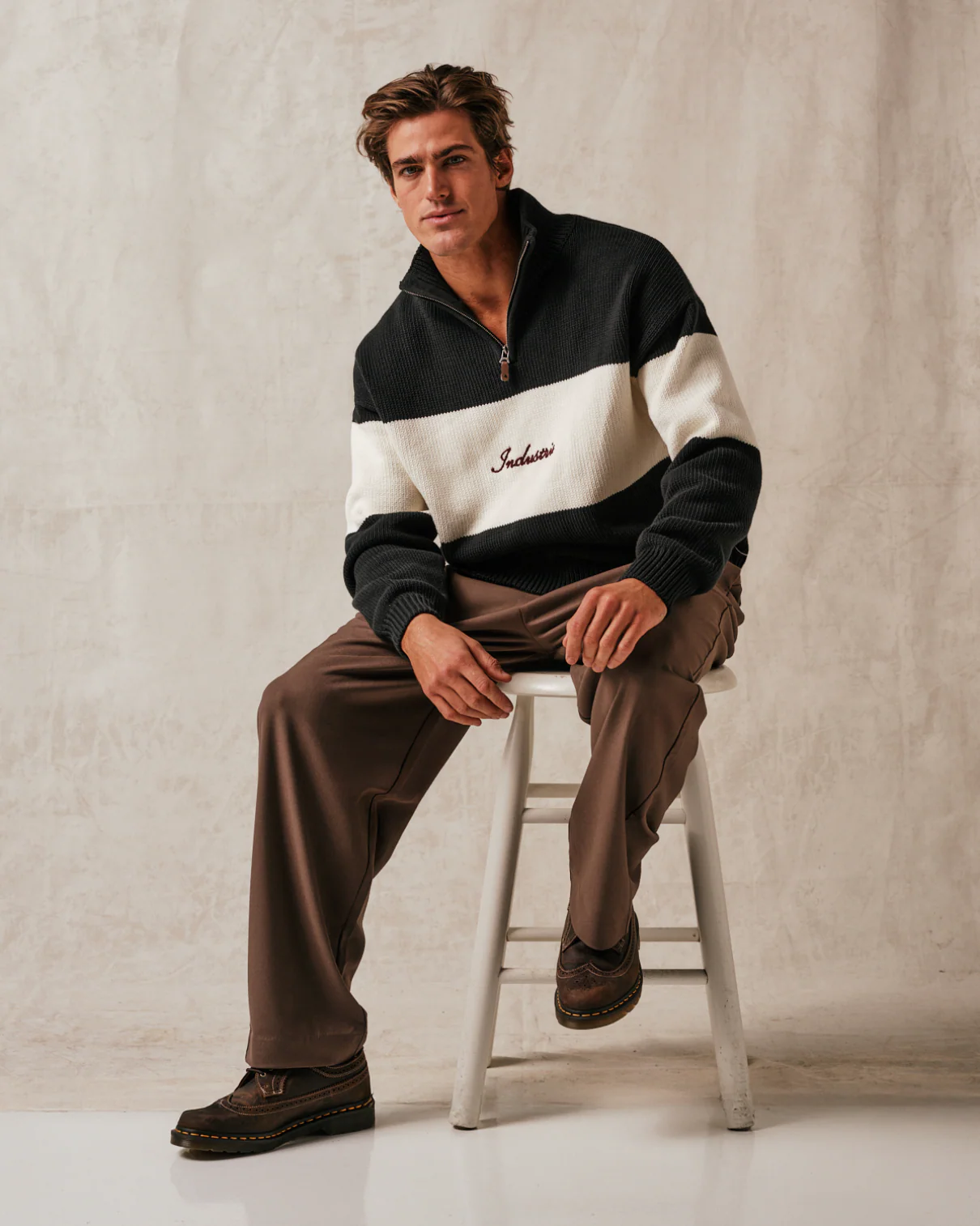 The Osborne Zip Neck Knit Sweater - Pine Cream Combo - Image 2